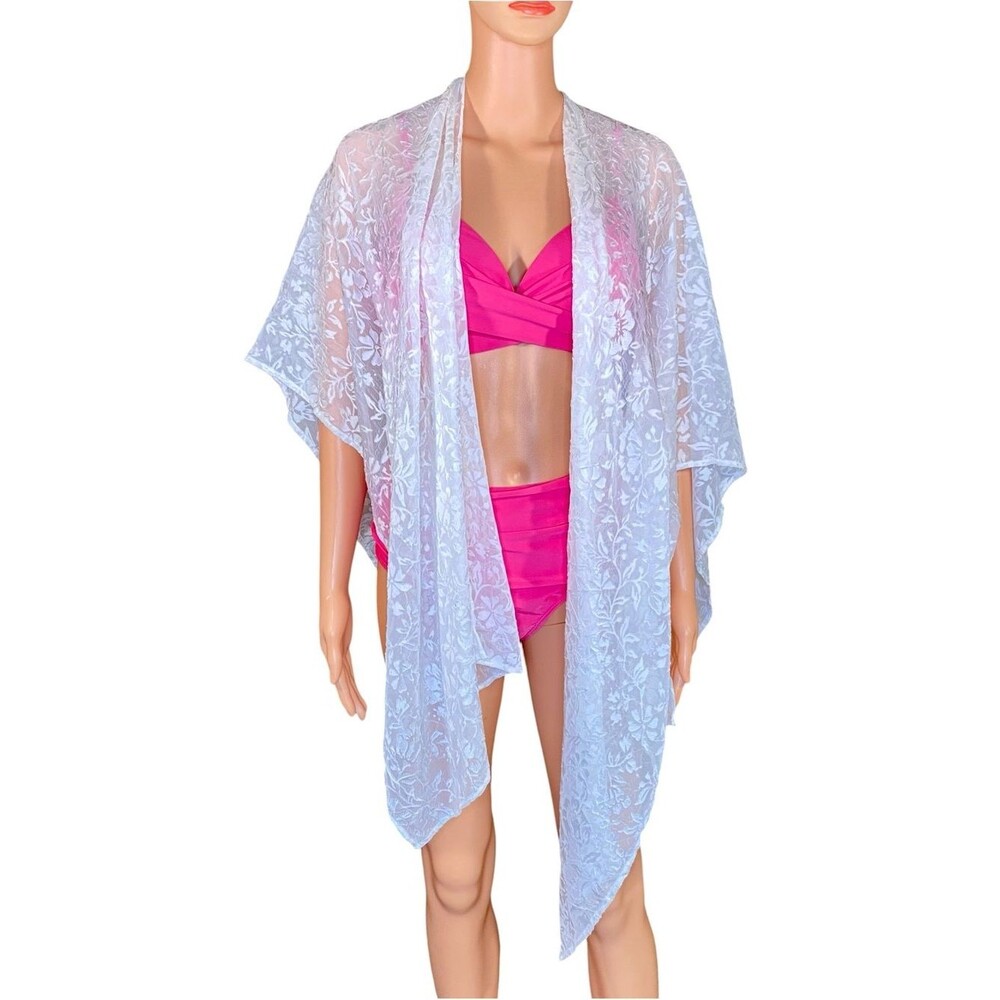 Retro Threads Sheer White Floral Lace Swim Cover-Up Kimono One Size Fits Most